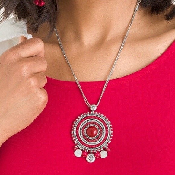Chicos Cherry Red/Silver Toned Rebecca  Pendant Necklace Exclusively For Chicos - Picture 4 of 12
